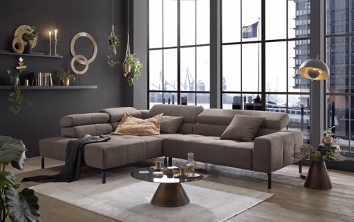 Ecksofa COLLEEN 2.0 - Ecke links mit 2-Sitzer, Kopfteil verstellbar, Feincord, Taupe