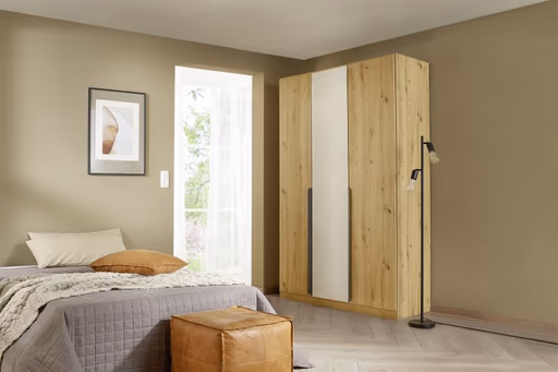 Drehtürenschrank ROMAN SPIN- B ca. 136 cm, Eiche Dekor, Glas, Champagner