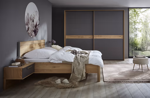 Schwebetürenschrank Viana - inkl. Passepartout, B ca. 271 cm, Lack, Steingrau, Riffholz, Balkeneiche