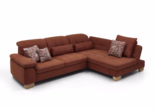 Ecksofa - 3-Sitzer mit Longchair rechts, inkl. Kopfteil/Armlehne verstellbar, Stoff, Rubin