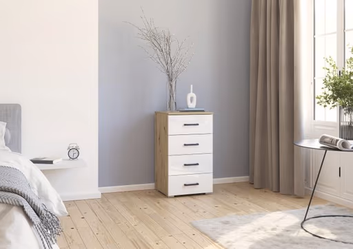 Kommode RHONDA- Eiche Dekor, Weiß, Hochglanz