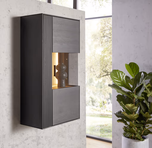 Hängevitrine Estana - inkl. Beleuchtung, Eiche massiv, anthrazit