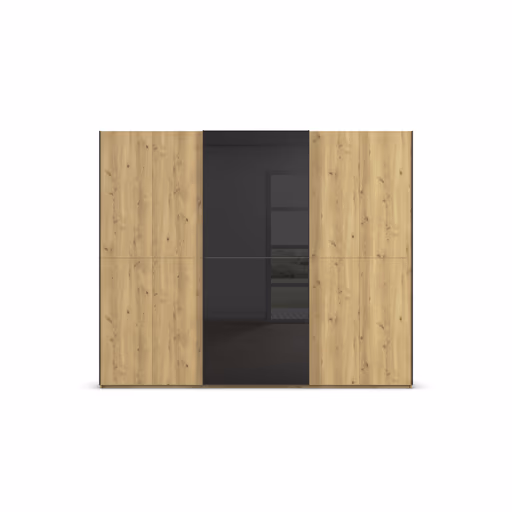 Schwebetürenschrank - B. ca. 271 cm, Front Asteiche massiv, Mitteltür Farbglas Schwarz