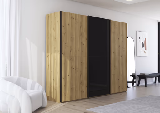 Schwebetürenschrank - B. ca. 271 cm, Front Asteiche massiv, Mitteltür Farbglas Schwarz