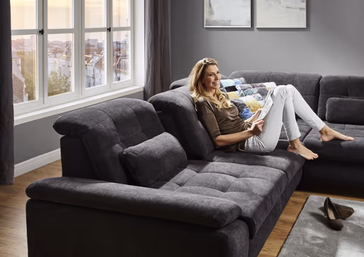 Ecksofa - 3-Sitzer mit Ecke rechts, Sitztiefe verstellbar, Stoff, Schwarz