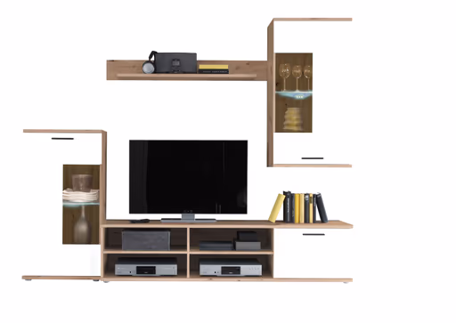 Wohnwand - mit Beleuchtung, Weiß, Eiche Dekor