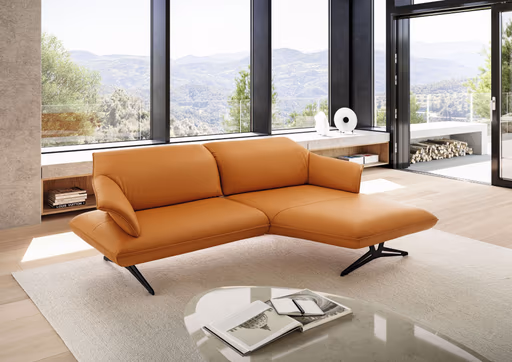 Ecksofa - 1-Sitzer mit Longchair rechts, Kopfteil/Sitztiefe verstellbar, Leder, Gold