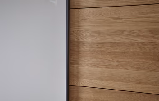 Schwebetürenschrank Lenoso -  B. ca. 260 cm, Eiche massiv, Glas, Champagner