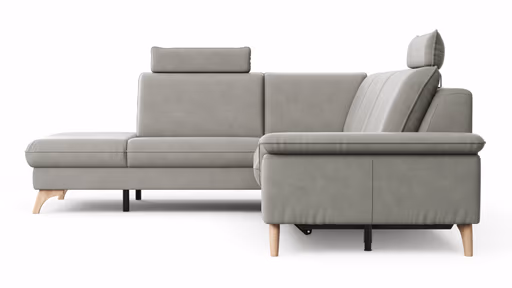 Ecksofa Tulsa KS - 1,5-Sitzer mit Anstellhocker aufklappbar links, Spitzecke und 2,5-Sitzer rechts, inkl. Kopfstütze, AL verstellbar und Schlaffunktion, Leder, Graubeige