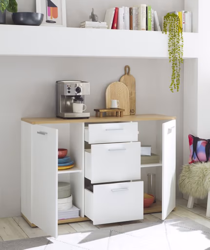 Kommode - B ca. 135 cm, Weiß, Artisan Eiche Nachbildung