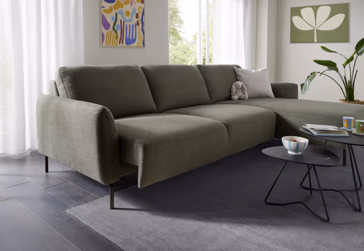 Ecksofa Leona - 3-Sitzer mit Longchair rechts inkl. Sitzvorzug motorisch, Stoff, Braungrün