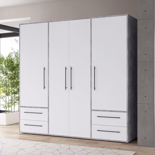 Drehtürenschrank FATHIE- B ca. 206 cm, Betonoptik, Weiß