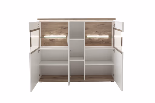 Highboard mit Beleuchtung - Weiß, Absetzung Eiche