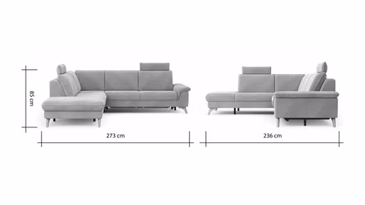 Ecksofa Tulsa KS - 1,5-Sitzer mit Anstellhocker aufklappbar links, Spitzecke und 2,5-Sitzer rechts, inkl. Kopfstütze, AL verstellbar und Schlaffunktion, Stoff, Graubeige