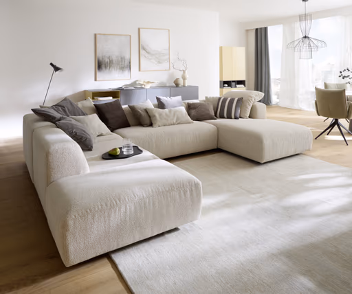 Ecksofa Caruso - Ecke links, 2-Sitzer, Longchair rechts, Stoff, Ecru