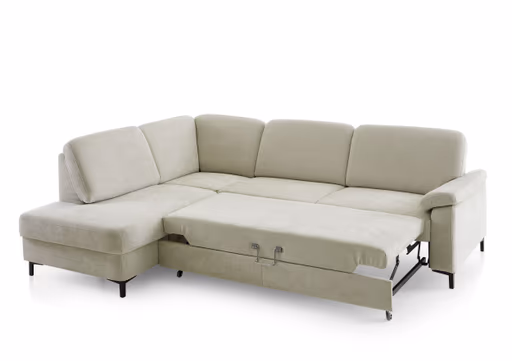 Ecksofa - Ecke links, 3-Sitzer inkl. Schlaffunktion mit Bettkasten, Premiumkopfstützen, 2 ZierkissenStoff, Beige