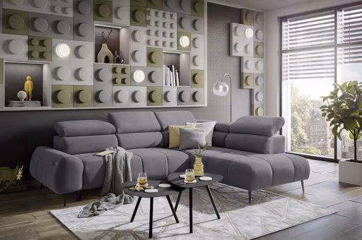 Ecksofa - 2-Sitzer mit Ecke rechts, Sitzvorzug motorisch, Kopfteil verstellbar, Stoff, Grau