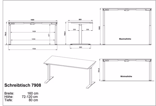 Schreibtisch GELI - höhenverstellbar, LB ca. 160x80 cm, Weiß