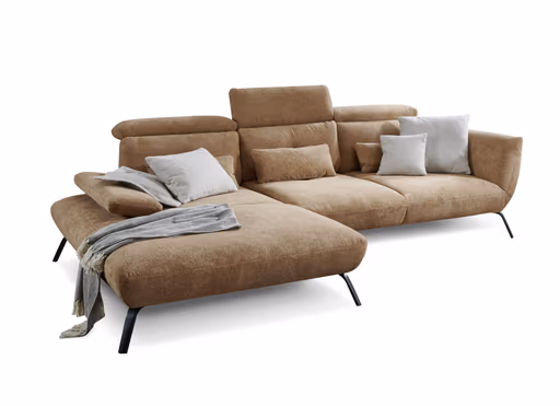 Ecksofa - Longchair links mit 3-Sitzer, Rückenlehne verstellbar, Stoff, Cognac