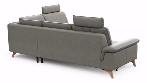Ecksofa Tulsa KS - 2,5-Sitzer, Spitzecke und 1,5-Sitzer mit Anstellhocker aufklappbar rechts,  inkl. Kopfstütze, AL verstellbar und Schlaffunktion, Leder, Graubeige