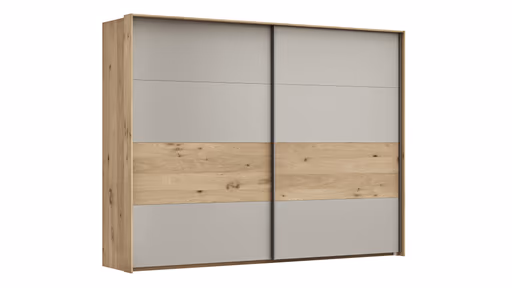 Schwebetürenschrank Viana - B ca. 278 cm, Furnier, Balkeneiche, Hellgrau