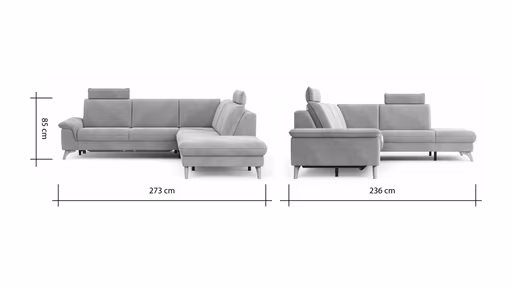 Ecksofa Tulsa KS - 2,5-Sitzer, Spitzecke und 1,5-Sitzer mit Anstellhocker aufklappbar rechts, inkl. Kopfstütze, AL verstellbar und Schlaffunktion, Stoff, Graubeige