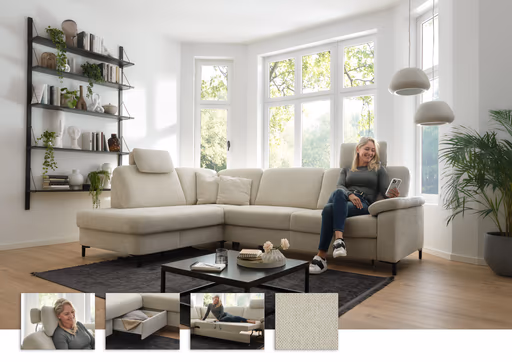 Ecksofa - Ecke links, 3-Sitzer inkl. Schlaffunktion mit Bettkasten, Premiumkopfstützen, 2 ZierkissenStoff, Beige