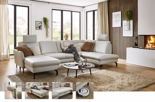 Wohnlandschaft - Longchair links mit 2,5-Sitzer und Ecke rechts, Leder, Silbergrau