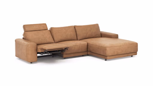 Ecksofa Balok - 2,5-Sitzer mit Longchair groß rechts, inkl. Relaxfunktion (motorisch) und Kopfstütze, Leder, Cognac