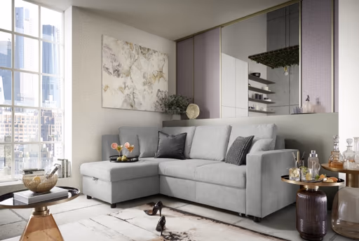 Ecksofa PRO FLEXX - Ecke links, 2-Sitzer inkl. Schlaffunktion und Bettkasten, Stoff, Silbergrau