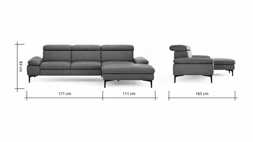 Ecksofa Felipa - 2,5-Sitzer mit Longchair rechts inkl. Kopfteil verstellbar, Leder, Olive