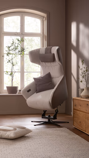 Drehsessel Houston Relax - Größe M, inkl. Relaxfunktion (motorisch), Aufstehhilfe und Kopfstütze, Stoff, außen Taupe/innen Natur