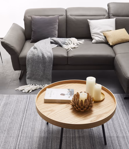 Ecksofa Rockport B - 2,5-Sitzer mit Longchair rechts inkl. Kopfteil/Sitztiefe/Armlehne verstellbar, Leder, Grau