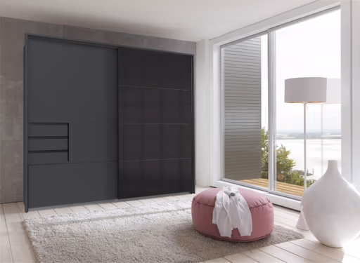 Schwebetürenschrank- B ca. 225 cm, Graphit, Glas, Schwarz