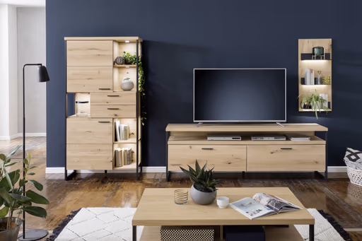 Wohnwand - mit Beleuchtung, Balkeneiche massiv