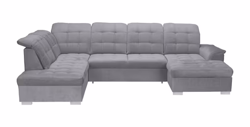 Wohnlandschaft - Ecke links, 2-Sitzer, Longchair rechts inkl. Schlaffunktion und Bettkasten, verstellbare Kopfstützen, Stoff, Grau