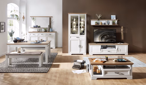 Vitrine - mit Beleuchtung, Weiß, Eiche Dekor