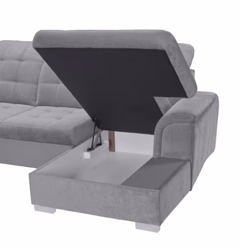 Wohnlandschaft - Ecke links, 2-Sitzer, Longchair rechts inkl. Schlaffunktion und Bettkasten, verstellbare Kopfstützen, Stoff, Grau