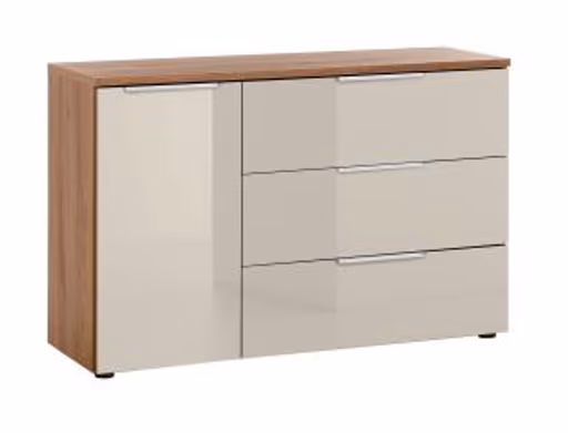 Kommode mit 3 Schubkästen/1 Türe, B. ca. 120 cm, Elfenbeinglas, Eiche Dekor
