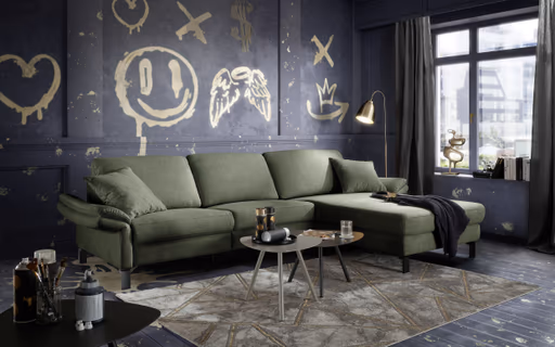 Ecksofa CALM PREMIUM 2.0 - 3-Sitzer mit Longchair rechts, Relaxfunktion motorisch, Armlehne verstellbar, Stoff, Dunkelgrün