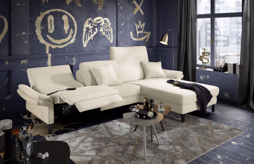 Ecksofa CALM PREMIUM 2.0 - 3-Sitzer mit Longchair rechts, Relaxfunktion motorisch, Armlehne verstellbar, Stoff, Natur