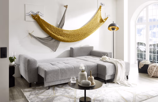 Ecksofa JONI - 2-Sitzer, Ecke rechts inkl. Schlaffunktion mit Bettkasten, Stoff, Hellgrau