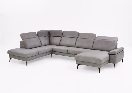 Wohnlandschaft - Ecke links mit 2,5-Sitzer und Longchair rechts, Kopfteil verstellbar, Leder, Alufarben