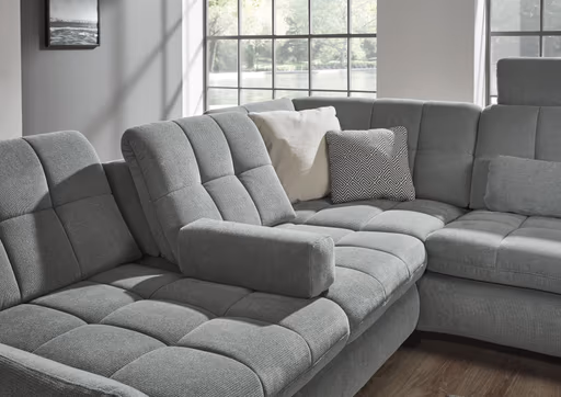 Ecksofa - 2,5-Sitzer mit Ecke rechts, Sitztiefe verstellbar (manuell), Chenilleflachgewebe, Eisengrau
