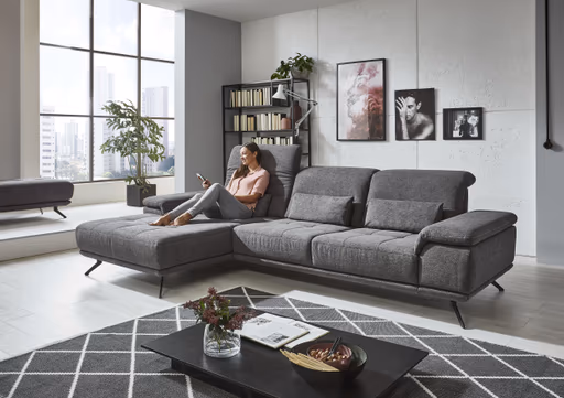Sofa - Longchair links mit 3-Sitzer inkl. Kopfteil verstellbar, Stoff, Anthrazit