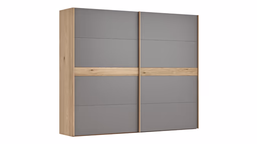 Schwebetürenschrank Viana - B ca. 271 cm, Lack, Steingrau, Riffholz, Balkeneiche