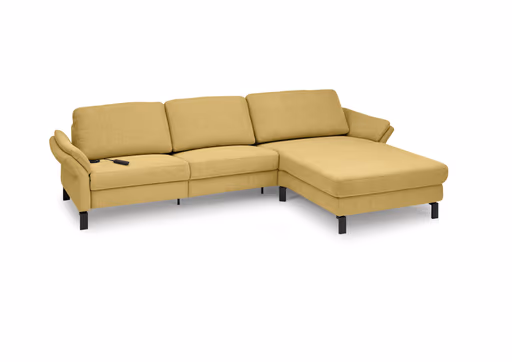 Ecksofa CALM PREMIUM 2.0 - 3-Sitzer mit Longchair rechts, Relaxfunktion motorisch, Armlehne verstellbar, Stoff, Kurkuma