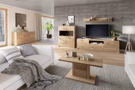 TV-Lowboard - B ca. 202 cm, Eiche Nachbildung, Eiche massiv geölt