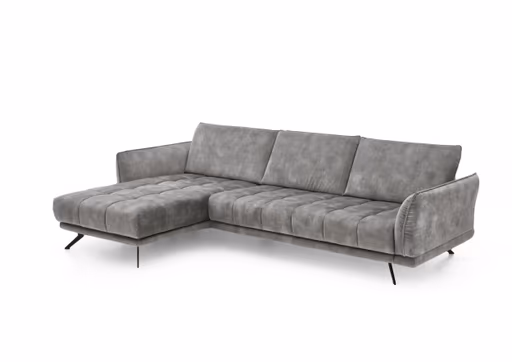 Ecksofa - Longchair links mit 3-Sitzer, Velourstoff, Silbergrau
