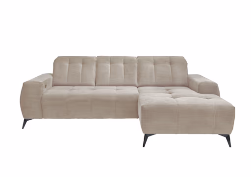 Ecksofa - 2-Sitzer mit Longchair rechts, Kopfteil verstellbar, Sitzvorzug motorisch, Stoff, Beige